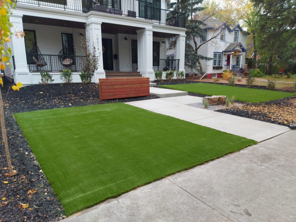 Finished residential front yard with new turf and walkway